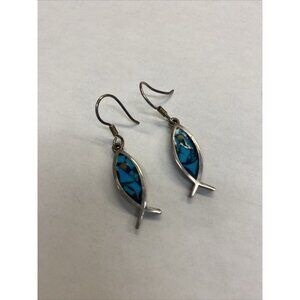 925 Mexico Sterling Turquoise Inlay Dangle Earrings Christian Fish Signed